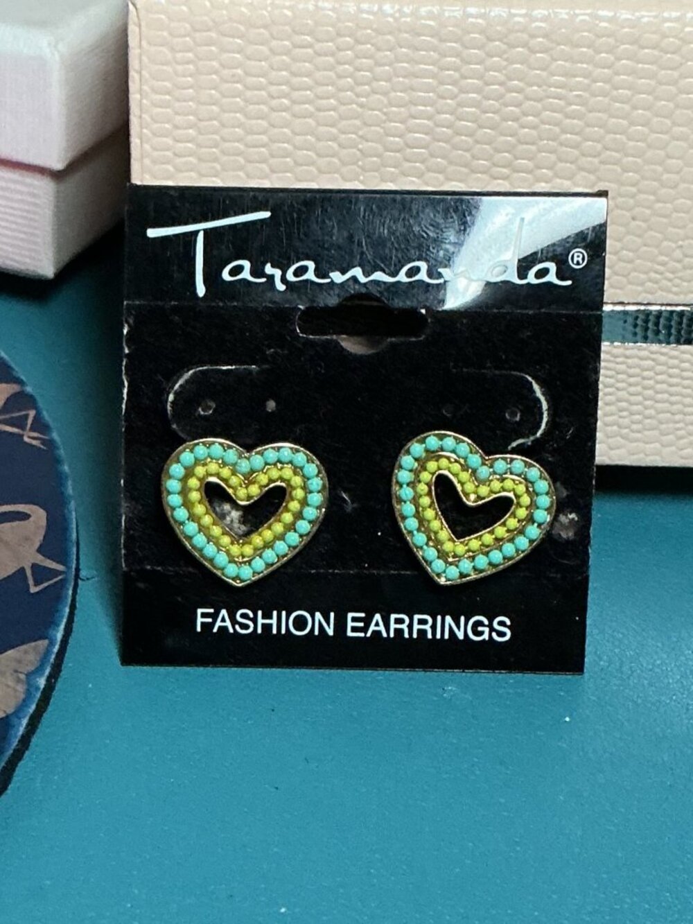 Taramanda Heart-Shaped Turquoise & Lime Seed Bead Earrings